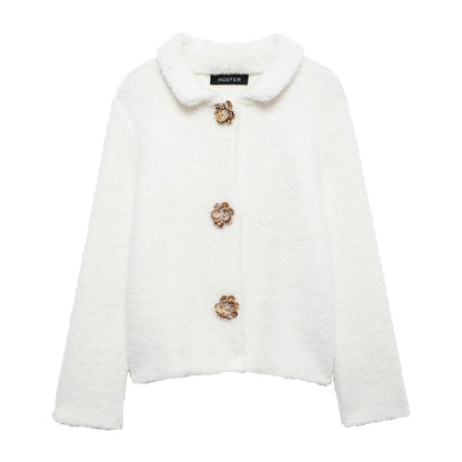 Women's Flower Breasted Artificial Fur Effect Knitted Coats