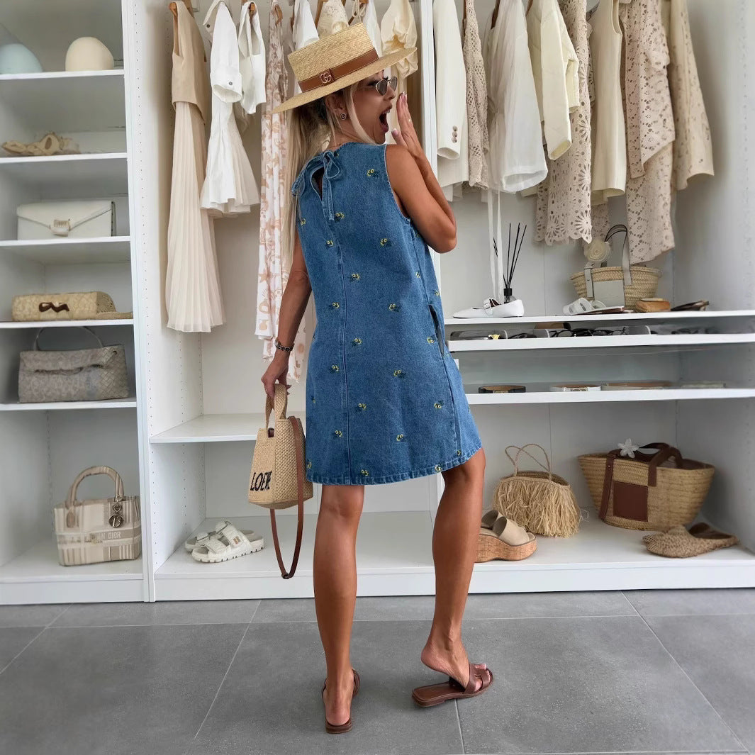 Fashion Casual Floral Loose Denim Sleeveless Dresses