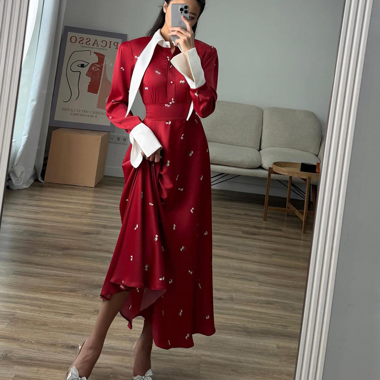Women's French Style Design Printed Satin Dress Dresses