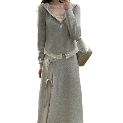 Women's Fat Lace Stitching Hooded Autumn High Waist Korean Tops