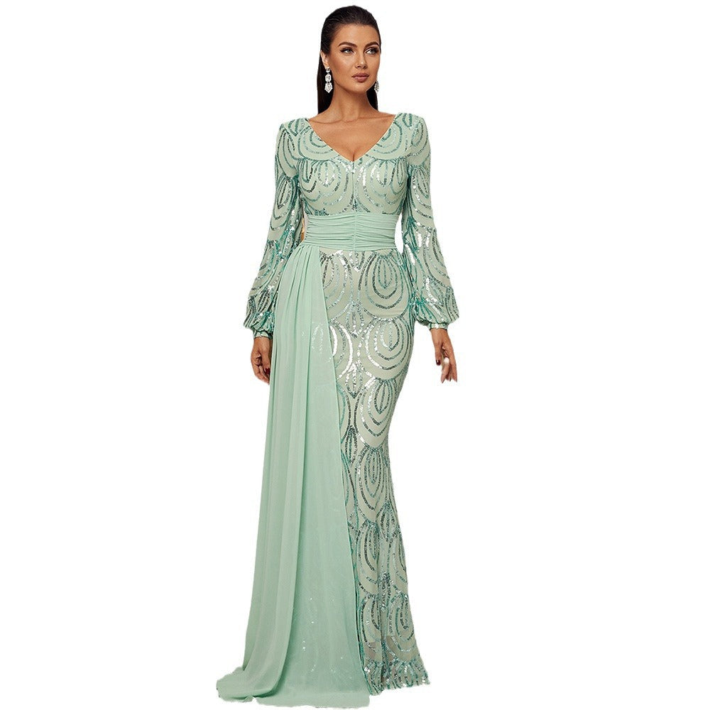 Women's Long Sleeve Sexy Sequined Banquet Ribbon Dresses