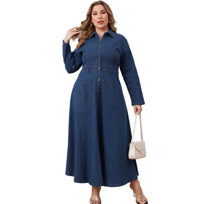 Women's Large Denim Lapel Long Sleeve Dress Coats