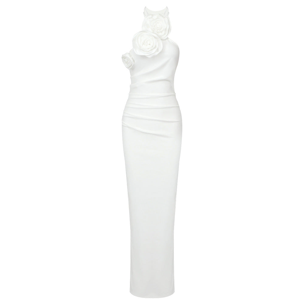 Women's Ribbon Flower Long Halter High-grade Dress Dresses