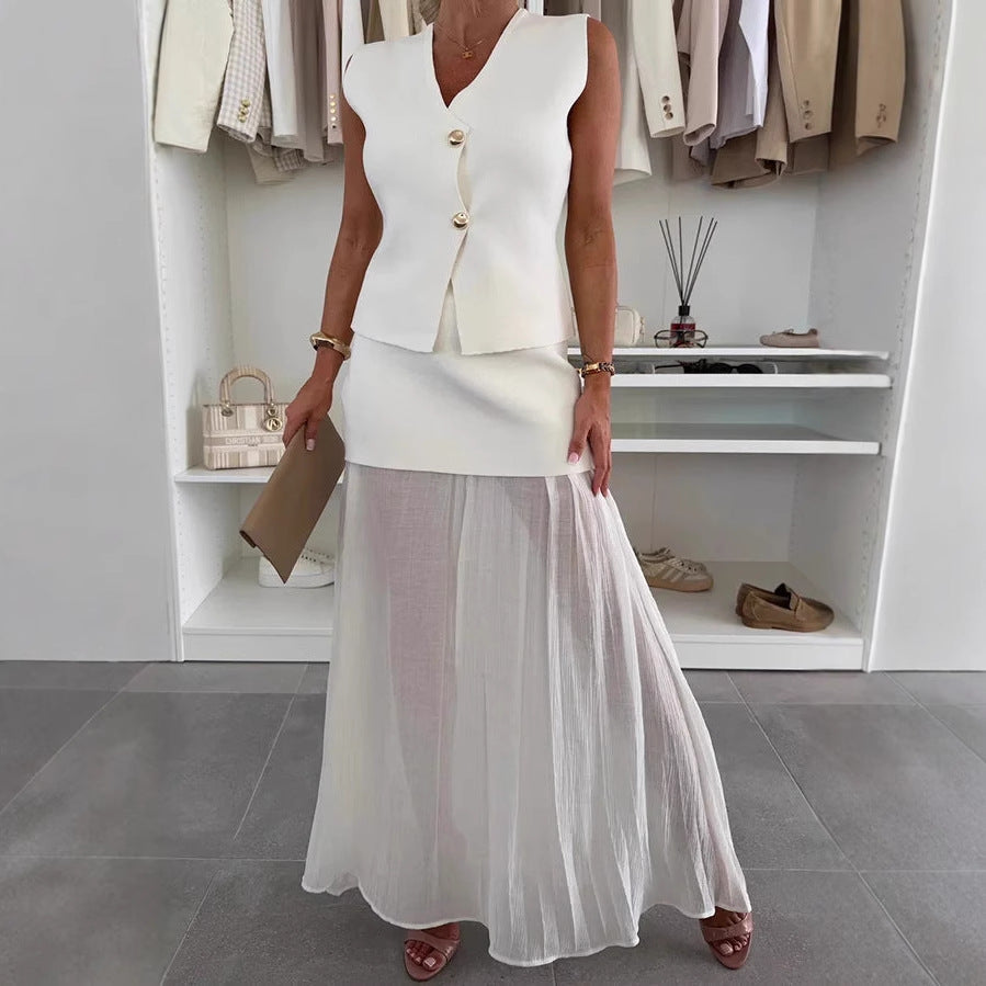 Women's Elegant Slim Knit Tulle Stitching Ruffle Suits