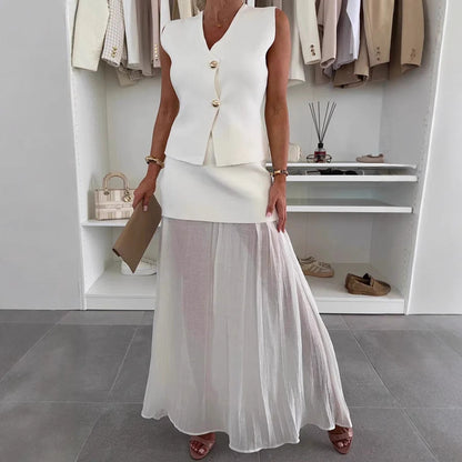 Women's Elegant Slim Knit Tulle Stitching Ruffle Suits
