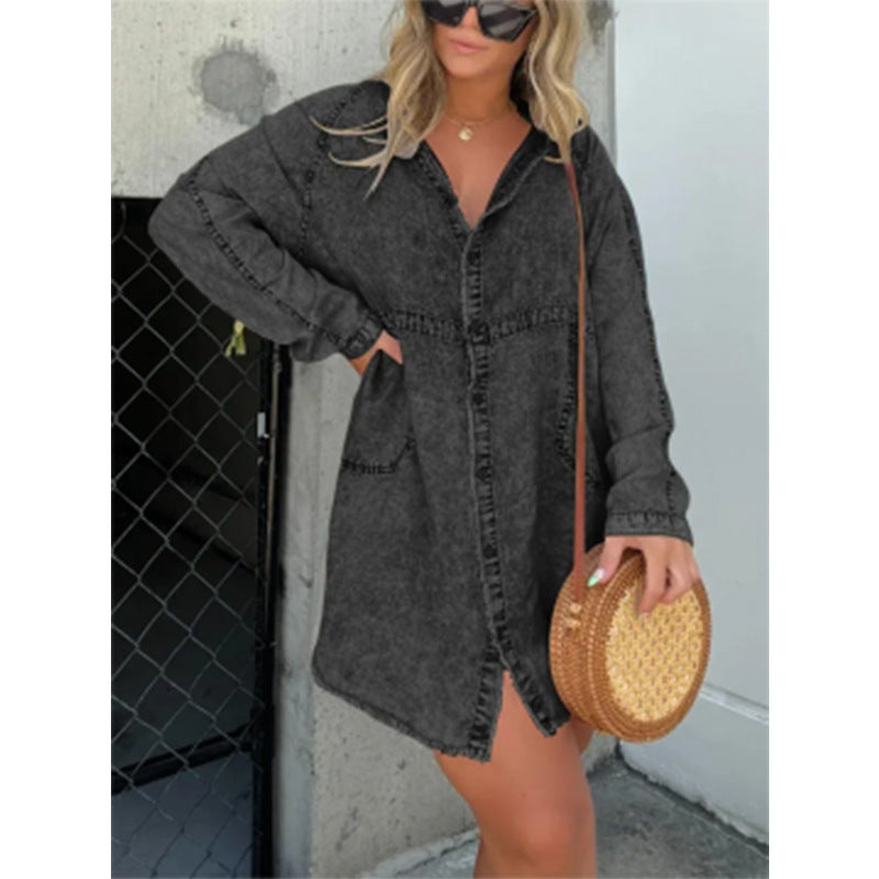Elegant Denim Dress Washed Loose Shirt Plus Size