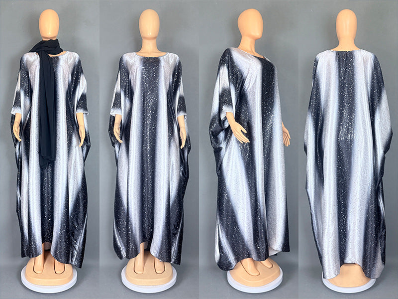 Women's Fashion Printed Satin Muslim Robe Party Dresses