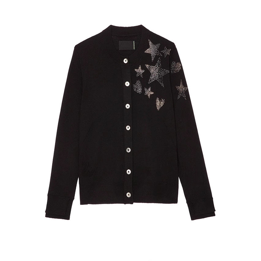 Women's Niche Stars Heart Rhinestone Cashmere Button Sweaters