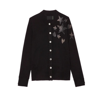 Women's Niche Stars Heart Rhinestone Cashmere Button Sweaters