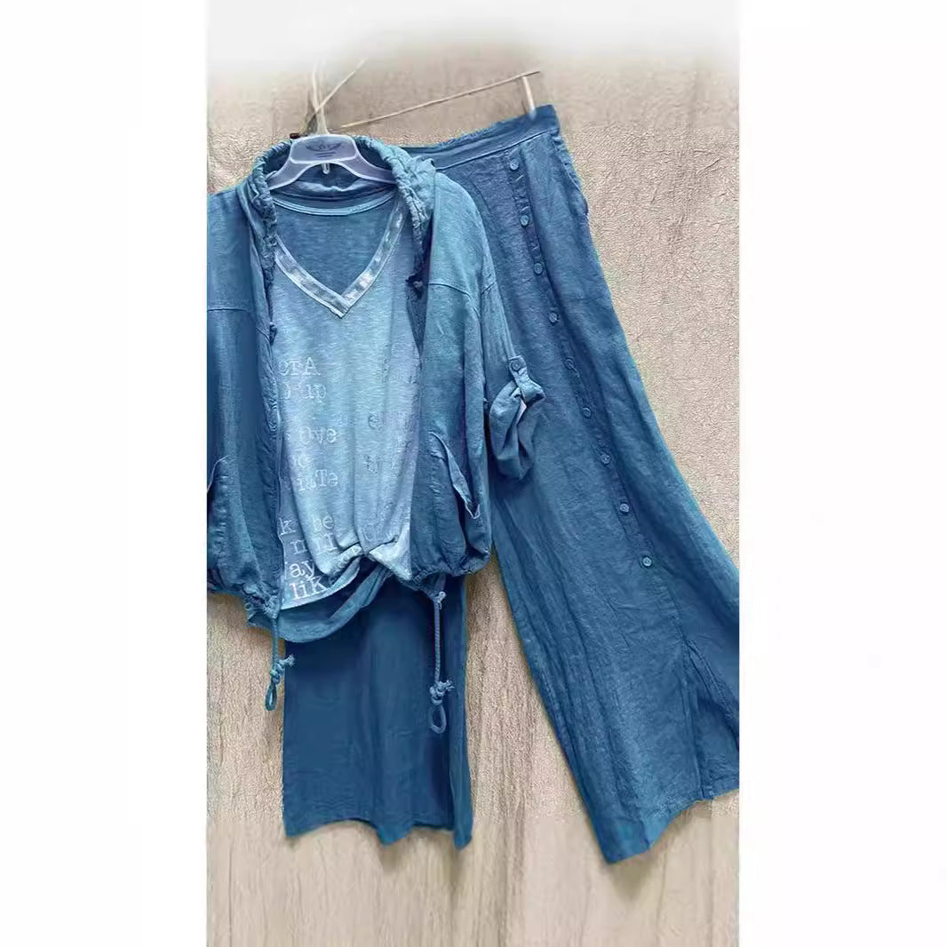 Women's Color Washed Distressed Straight Two Pieces Suits