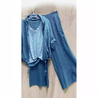 Women's Color Washed Distressed Straight Two Pieces Suits