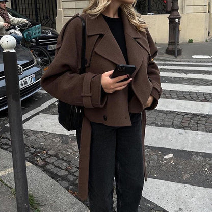 Women's Large Lapel Woolen Fashion Belt Overcoat Coats