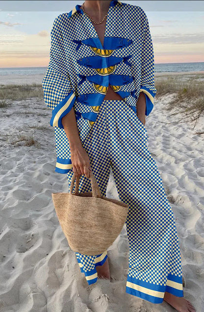 Women's Digital Flower Hawaiian Vacation Style Shirt Suits