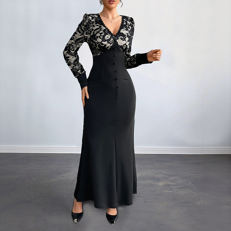 Date Sexy Retro Lace Stitching Long Dresses