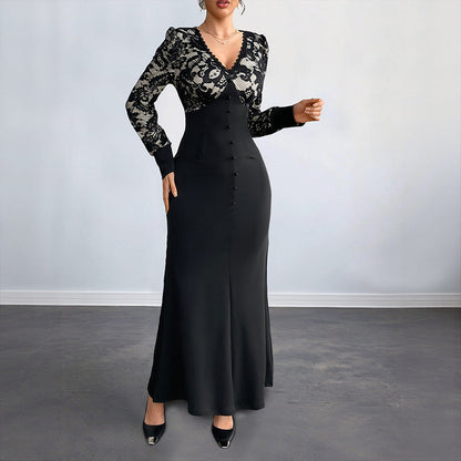 Date Sexy Retro Lace Stitching Long Dresses