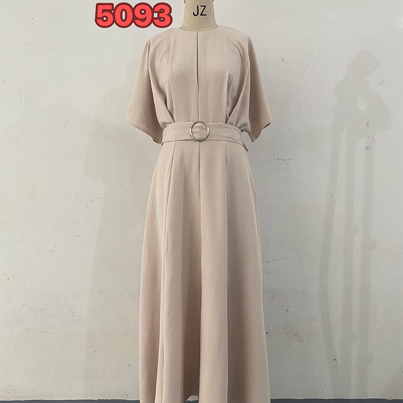 Color Fashion Round Neck Sleeves Dress Belt Shorts
