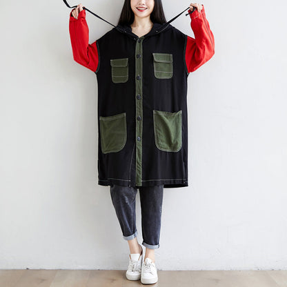 Personality Mid-length Hooded Loose Large Contrast Coats