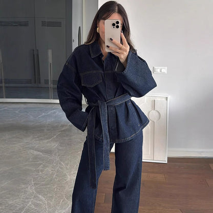 Elegant Lapel Belt Denim Long Sleeve Suits