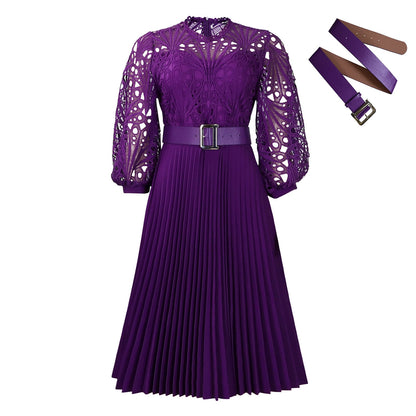 Women's Temperament Pure Color Lace Crocheted Pleated Dresses