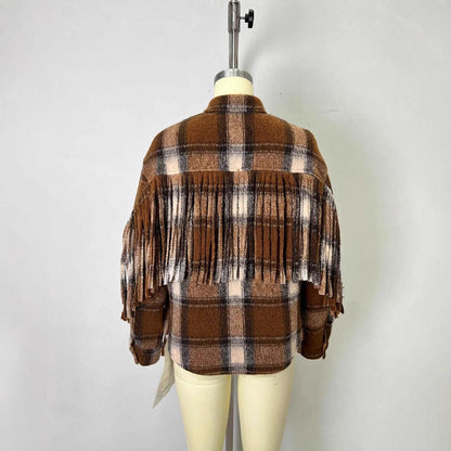 Plaid Slit Opening Tassel Wool Long Coats