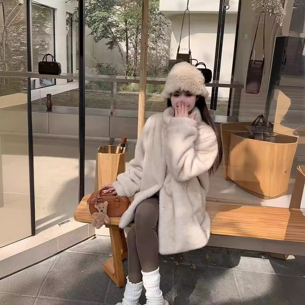 Women's Environmental Protection Artificial Plush Overcoat Mid-length Coats