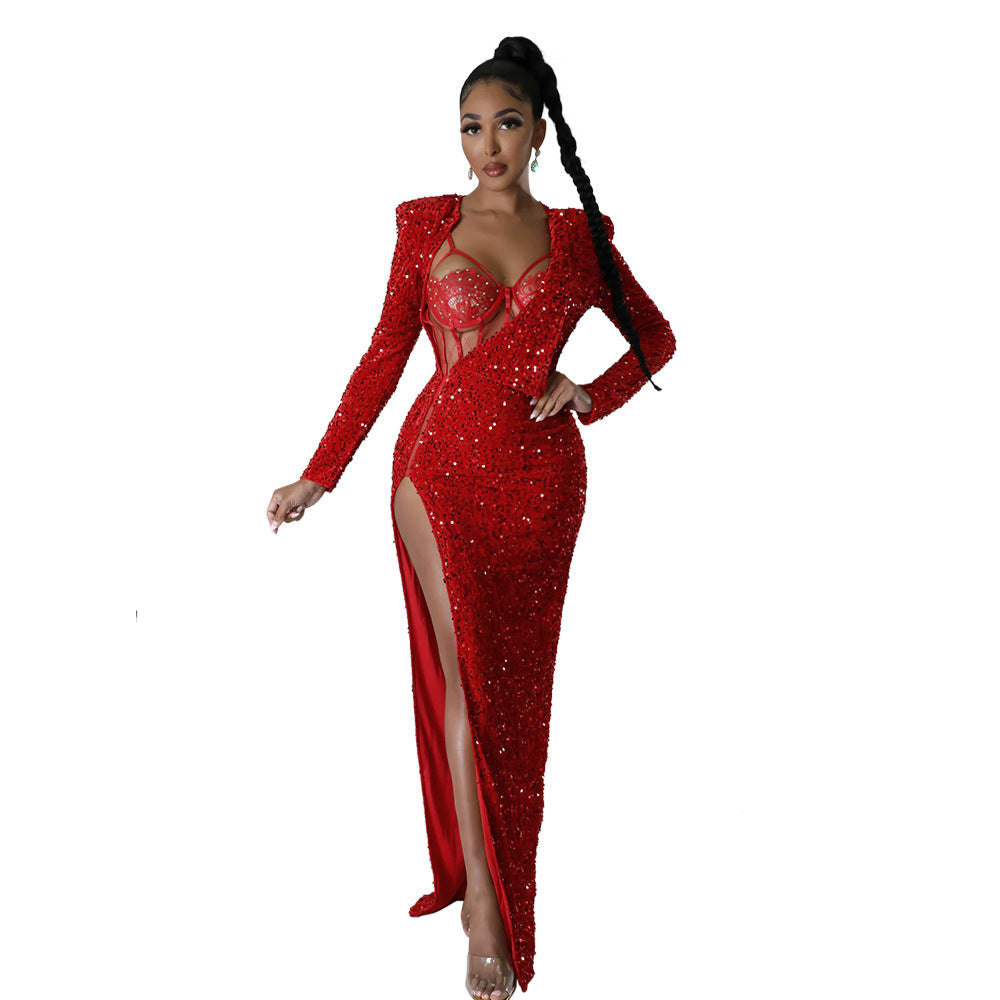 Women's Color Sequins Sexy Slit Maxi Dress Suits