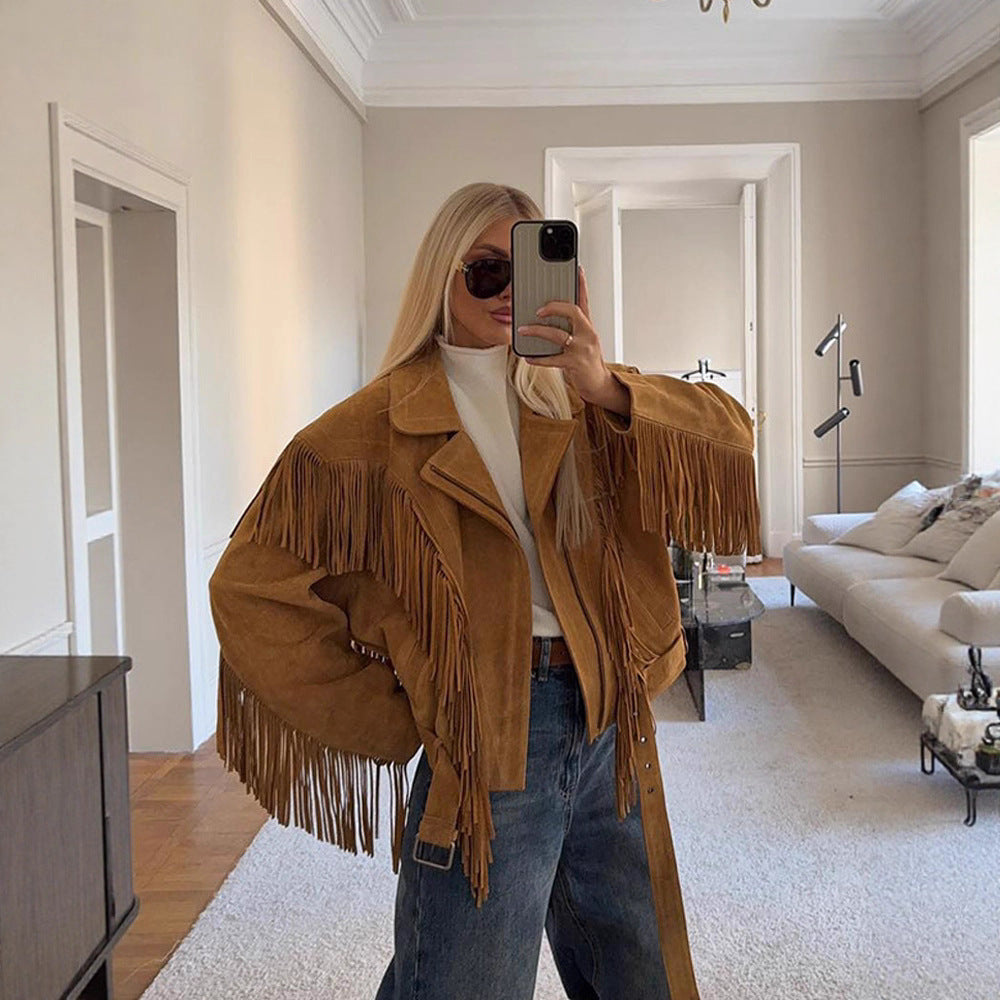 Women's Retro Style Lapel Tassel Wide Shoulder Coats