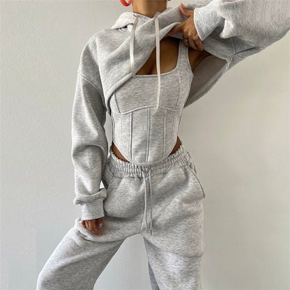 Fashion Casual Hooded Drawstring Fishbone Cinched Suits