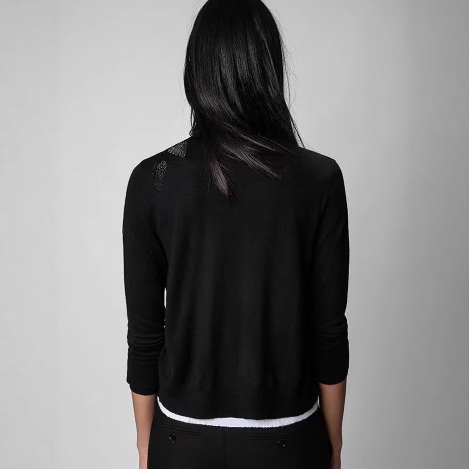 Women's Niche Stars Heart Rhinestone Cashmere Button Sweaters
