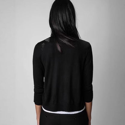 Women's Niche Stars Heart Rhinestone Cashmere Button Sweaters