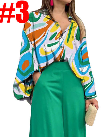 Women's American Printed Casual Loose Lapels Shirt High Suits