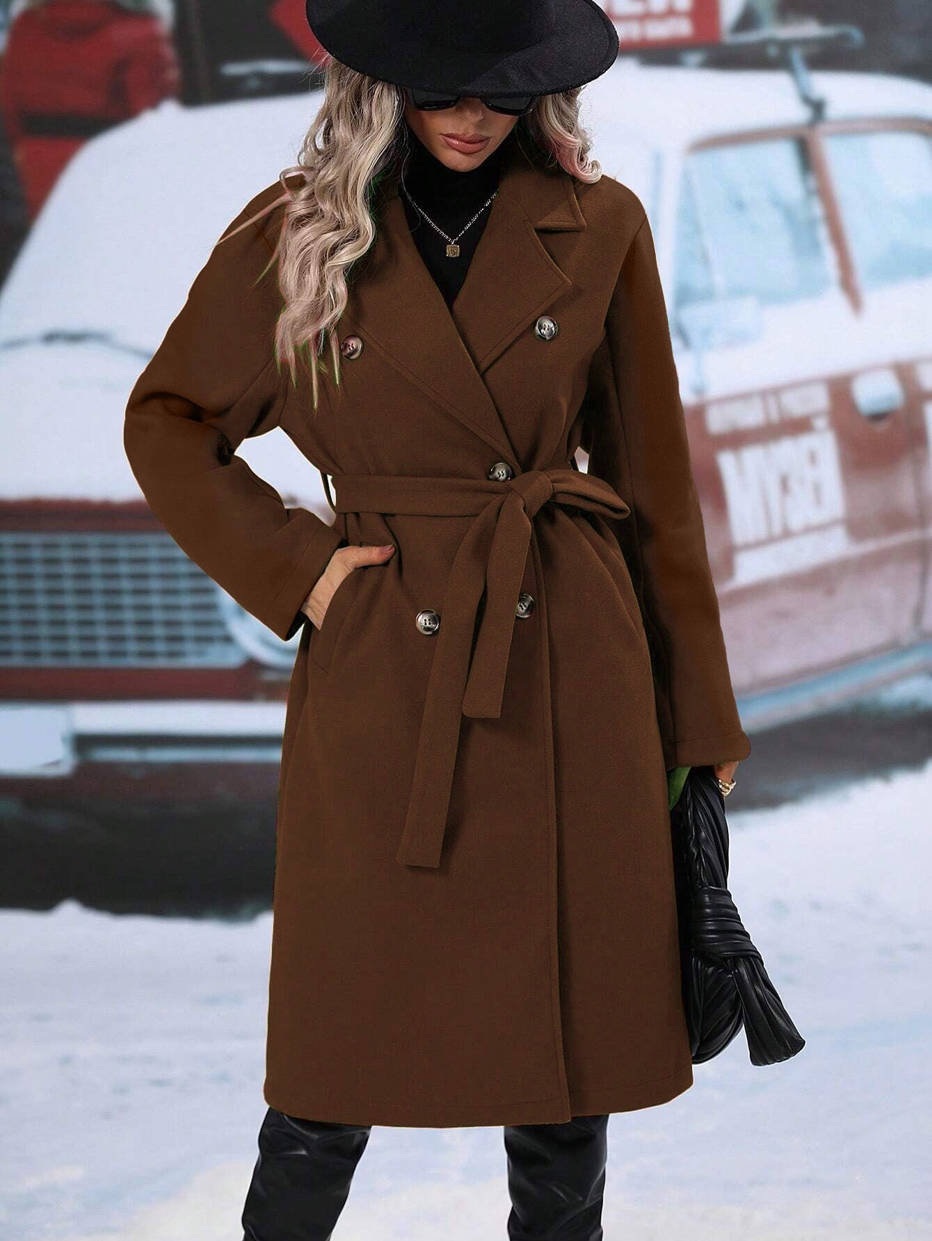 Women's Collar Woolen Double Breasted Overcoat For Coats