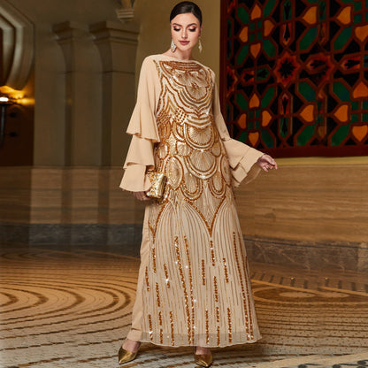 Lotus Leaf Sleeve Positioning Sequined Embroidered Dresses