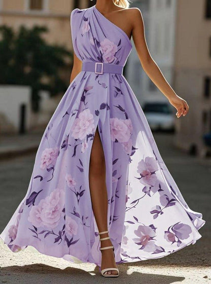 Women's Oblique Shoulder Digital Printing Sleeveless Belt Dresses