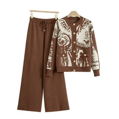 Women's Fashion Two-piece Printed Metal Buckle Knitted Suits