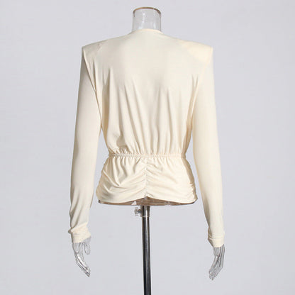 Women's Swing Collar Padded Shoulder Pleating Slim Slimming Blouses
