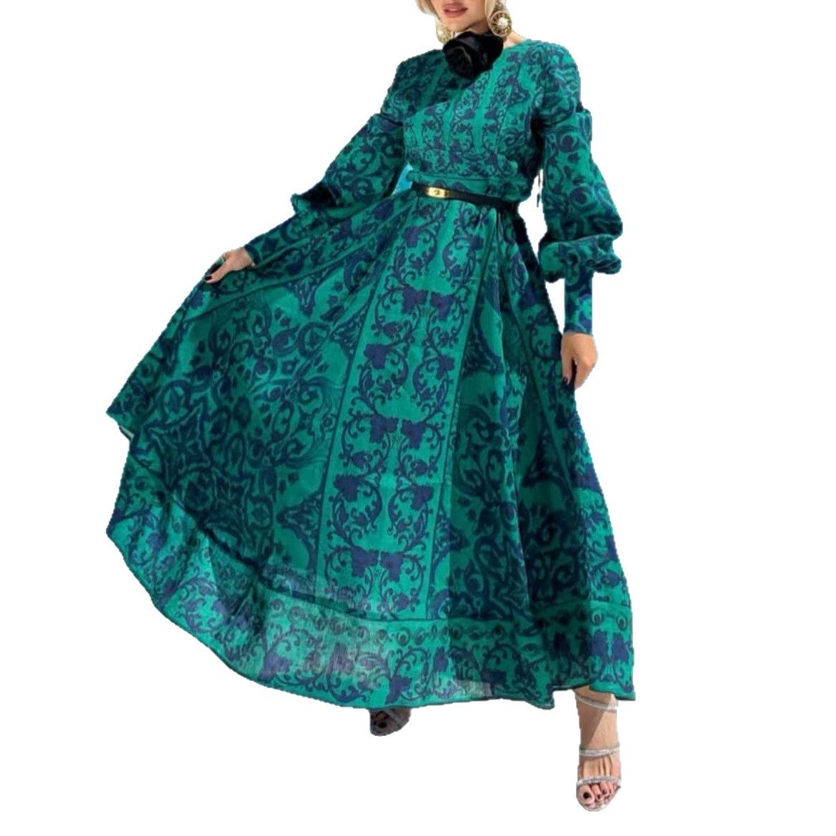 Women's Retro Baroque Pattern Lantern Sleeve Large Hem Clothing