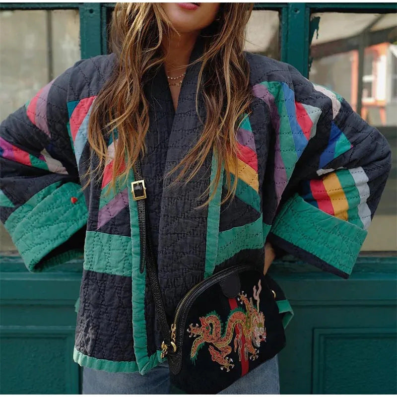 Women's Street Fashion Print Stitching Cotton Coats