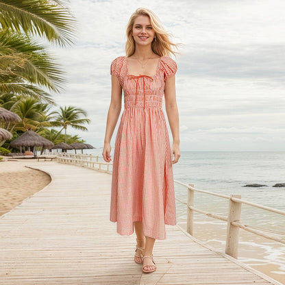 Women's Plaid Square Collar Cotton Holiday Waist Mid-length Dresses