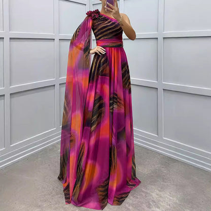 Chiffon Printed Sloping Shoulder Dress Casual Dresses