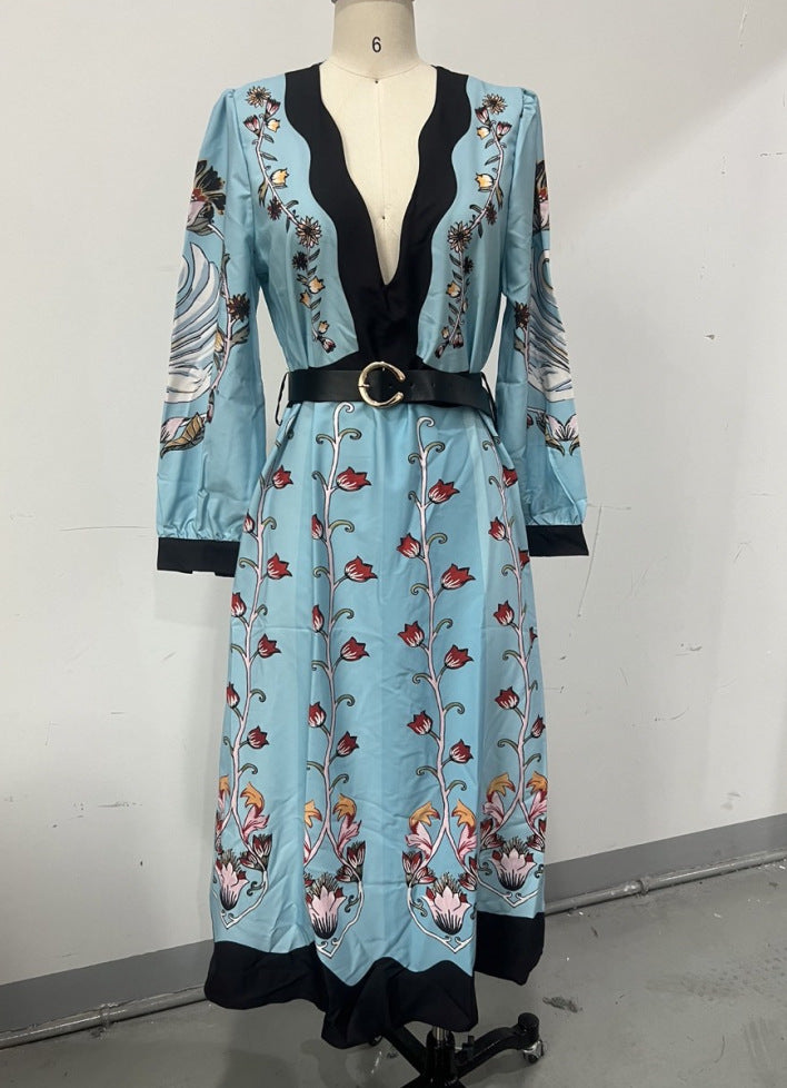 Printed Hollow Backless Dress Long Lantern Dresses