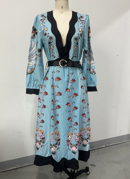 Printed Hollow Backless Dress Long Lantern Dresses