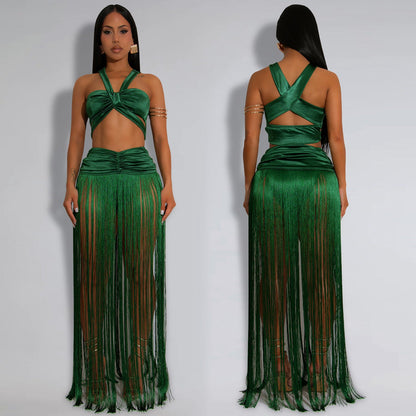 Women's Fashion Wear Sexy Shoulder Strap Tassel Dress Suits