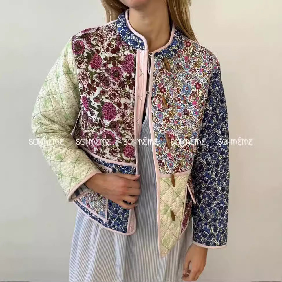 Style Vintage Floral Patchwork Long Sleeve Coats