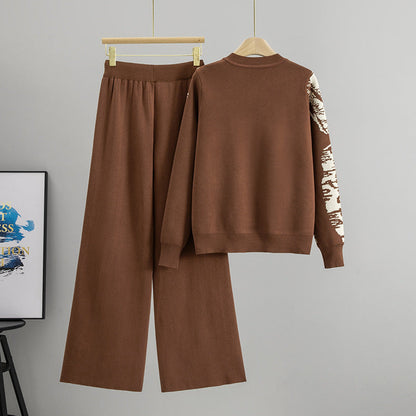 Women's Fashion Two-piece Printed Metal Buckle Knitted Suits