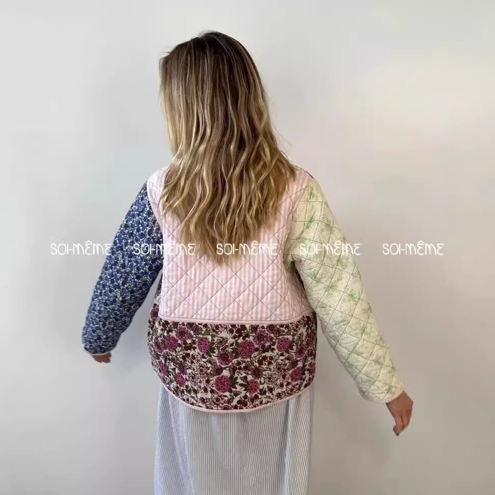Style Vintage Floral Patchwork Long Sleeve Coats