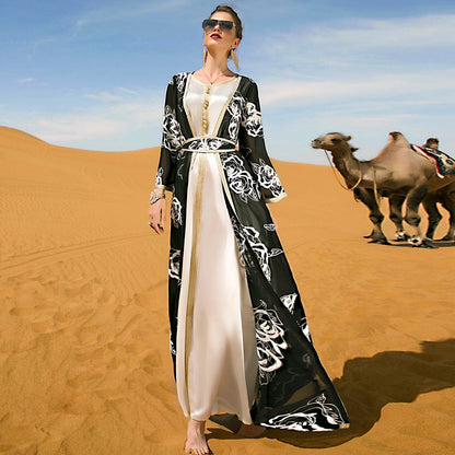 Women's Arabic Black White Flowers Two-piece Embroidery Dress Dresses