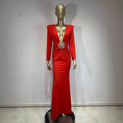 Elegant Long Sleeve Deep V Drill Dresses