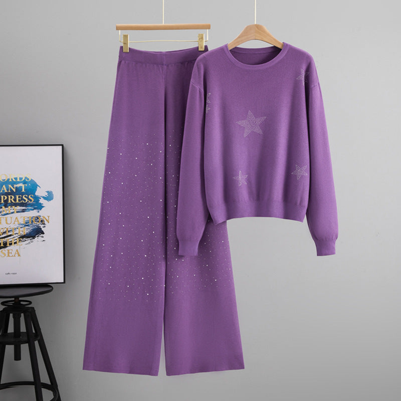 Women's Autumn Elegant Rhinestone Loose Wide Leg Suits