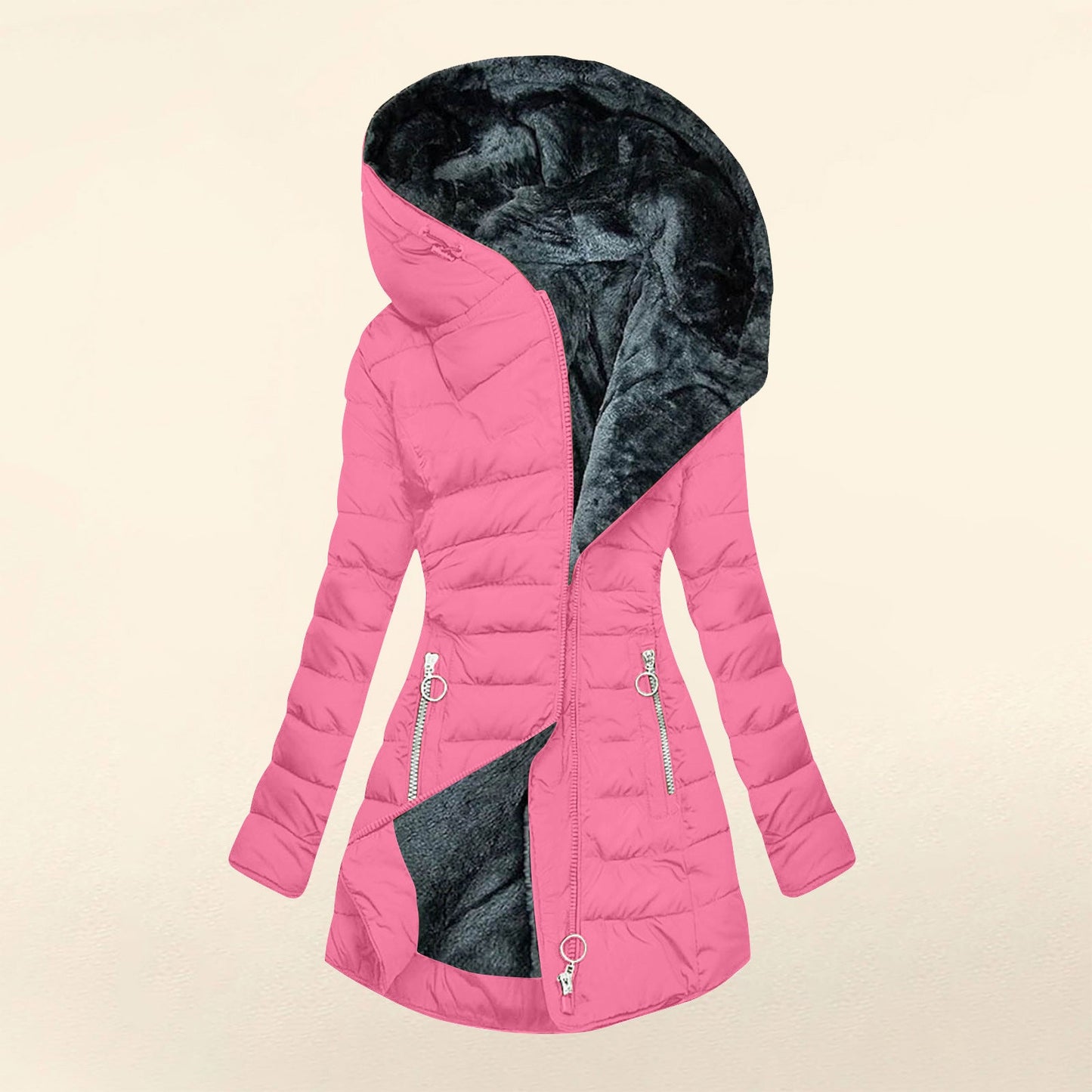 Women's Plush Hooded Mid-length Oblique Zipper Coats
